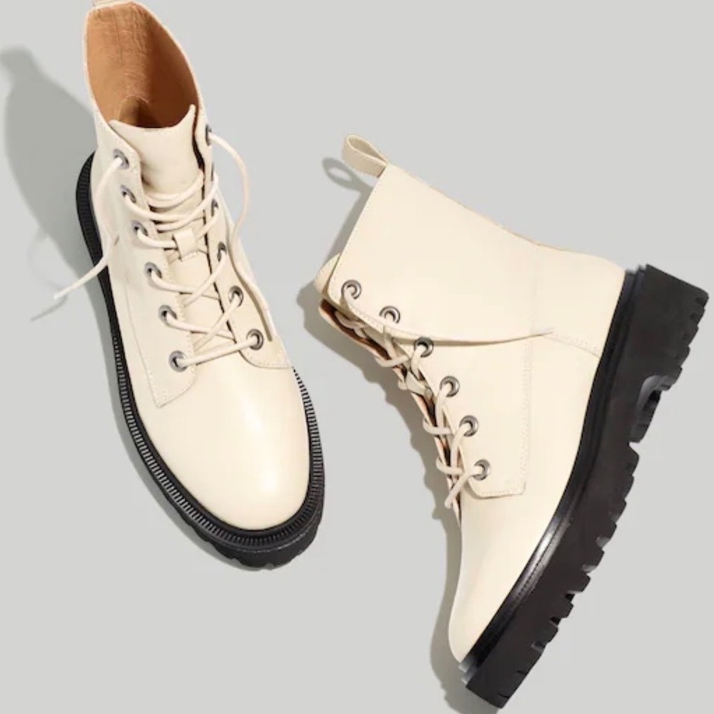 Madewell The Bradley Combat Boot Bone Leather Black Lug Sole Womens 7.5